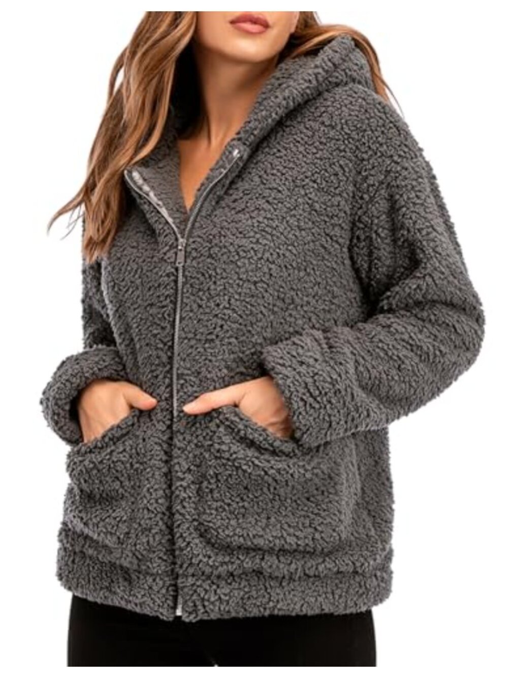 Faux Fur Fleece Lined Hooded Zip Up Oversized Coat